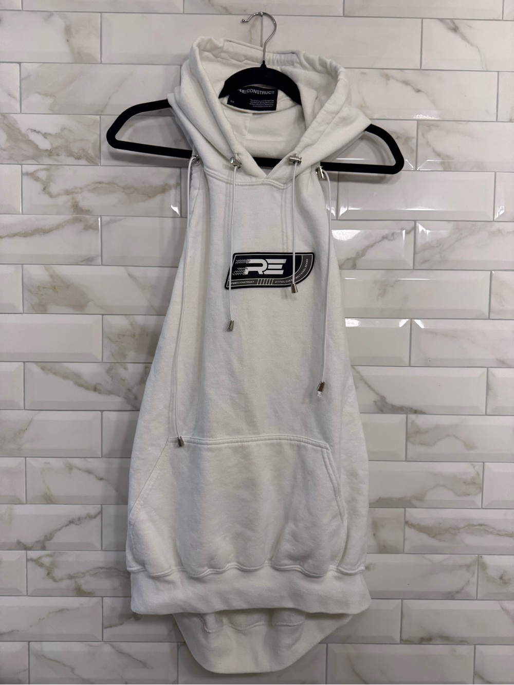 White Asymmetrical Sleeveless & Backless Hoodie with Front Reconstruct Logo